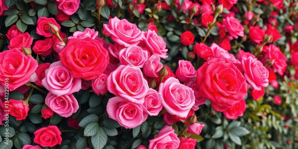 Obraz premium Vibrant pink and red roses create a lush floral wall backdrop, wedding, lush