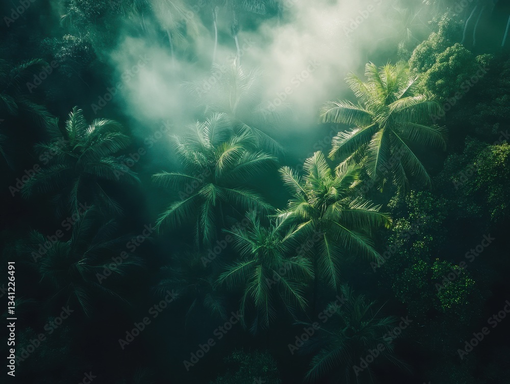 Aerial view of tropical rainforest with lush palm trees enveloped in morning mist creating a serene landscape Aerial view of tropical rainforest with lush palm trees enveloped in morning mist creating a serene landscape