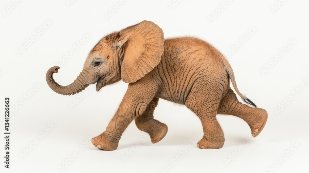 Obraz premium Adorable baby African elephant calf running on white background.
