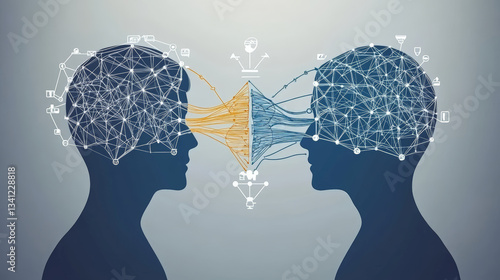 Two silhouetted heads connected by neural networks, symbolizing communication and knowledge exchange. image uses abstract lines and nodes to represent data flow and information sharing