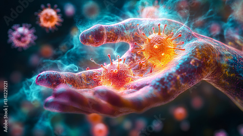 Obraz na płótnie Hands showcasing glowing viruses during scientific research in a laboratory setting w salonie
