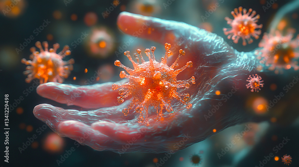 Visual representation of a virus in a hand demonstrating the concept of contagion and infection risk
