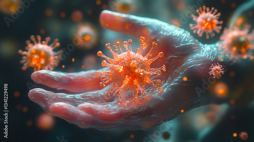 Obraz na płótnie Visual representation of a virus in a hand demonstrating the concept of contagion and infection risk w salonie