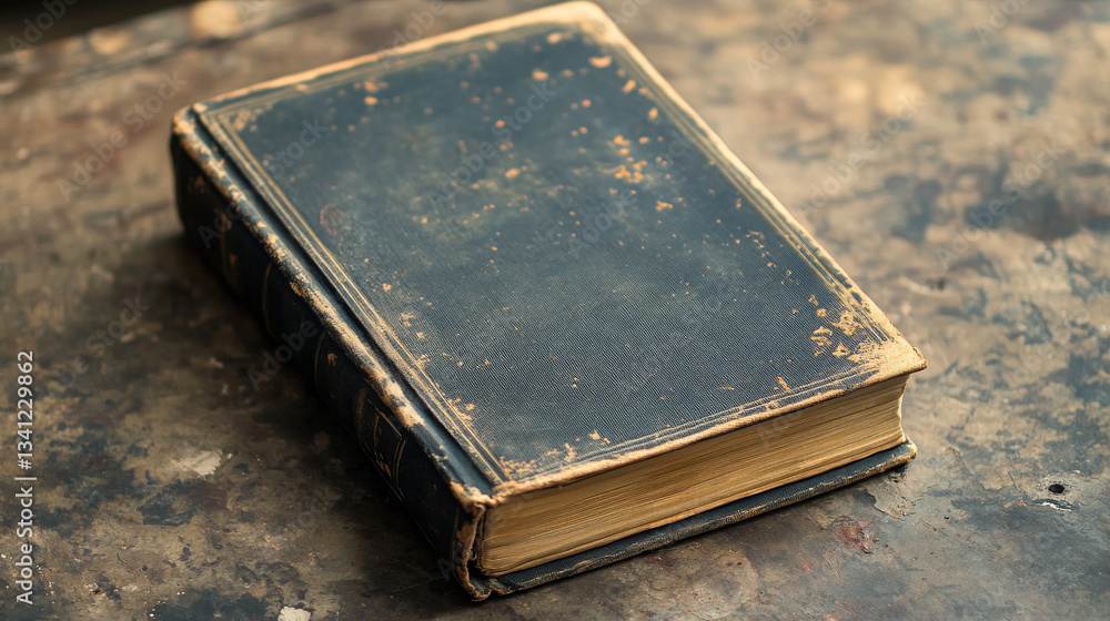Old leather bound book rests on a vintage wooden surface in warm natural light