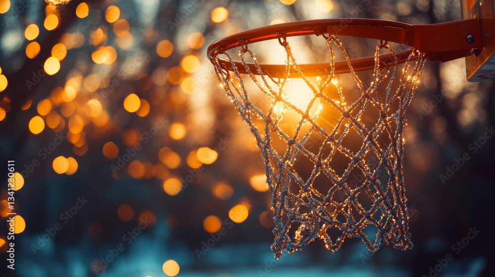 Sunset basketball hoop glowing with golden lights in a tranquil outdoor setting