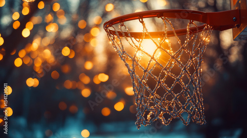 Obraz na płótnie Sunset basketball hoop glowing with golden lights in a tranquil outdoor setting w salonie