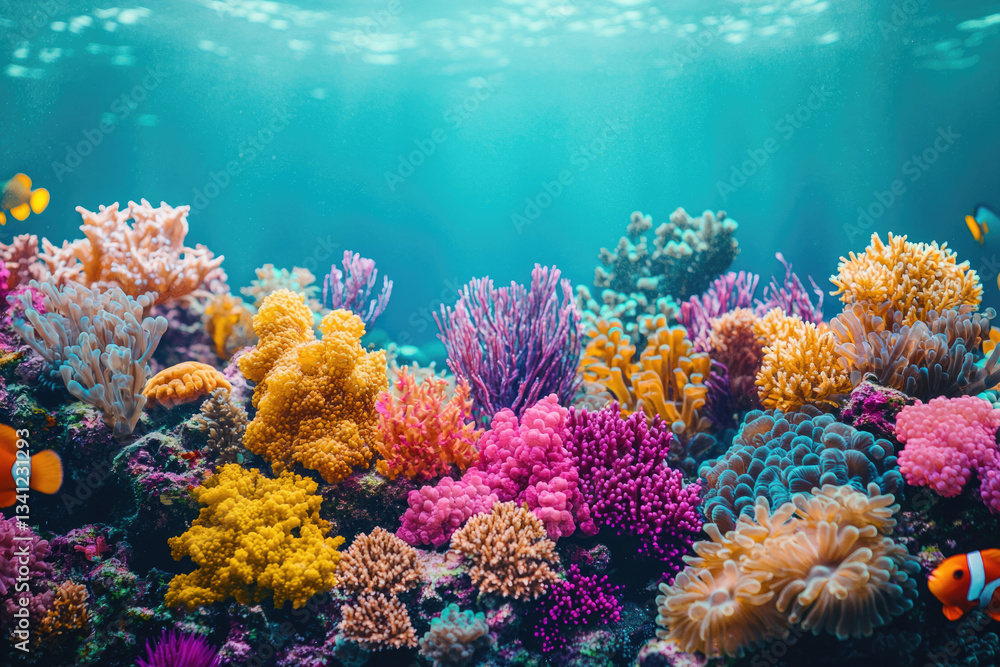 Fototapeta premium Vibrant coral reef teeming with life, showcasing diverse species and colors in a breathtaking underwater scene.