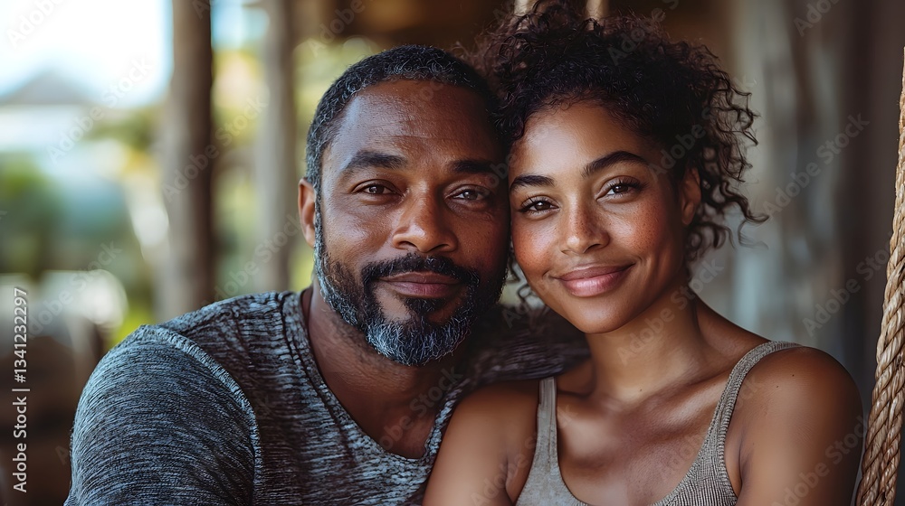 Serene family portrait on a porch swing in warm evening light Serene family portrait on a porch swing in warm evening light