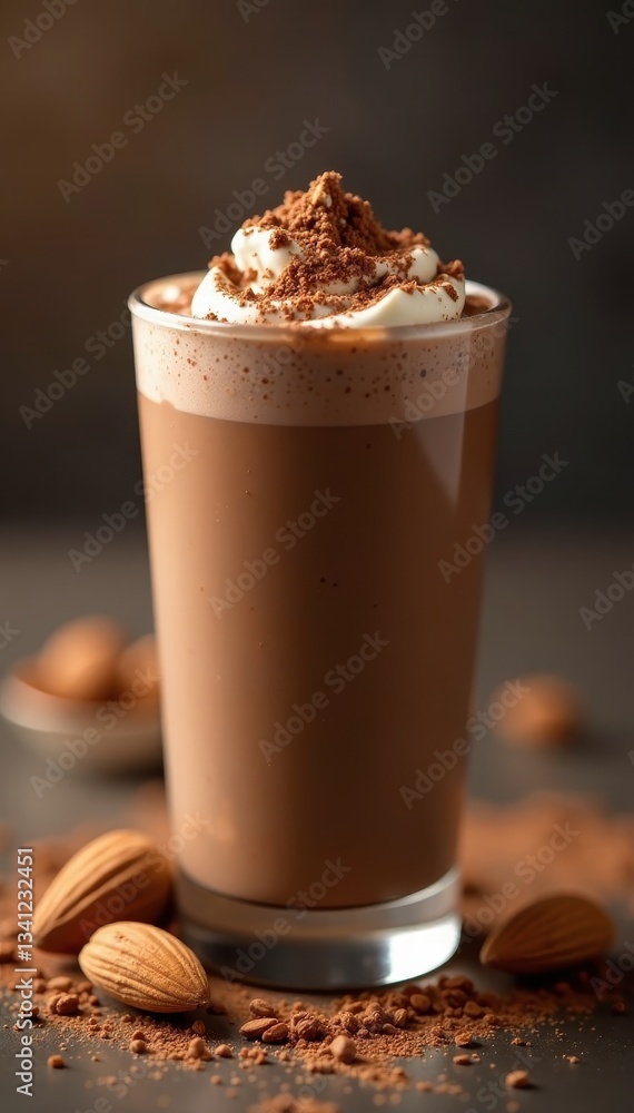Rich chocolate almond shake, cocoa dusting, almonds, supplement, healthy eating, gain Rich chocolate almond shake, cocoa dusting, almonds, supplement, healthy eating, gain