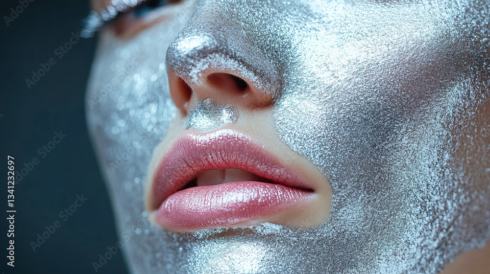 Close up of silver metallic facial mask enhancing beauty and skin glow in a beauty treatment session