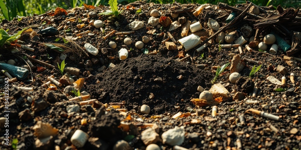 A mound of earth littered with discarded cigarette butts, small rocks, and bits of trash, illustrating environmental pollution A mound of earth littered with discarded cigarette butts, small rocks, and bits of trash, illustrating environmental pollution