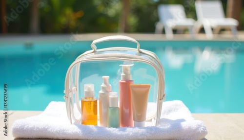 Cosmetic bag on vacation with beauty products by the pool