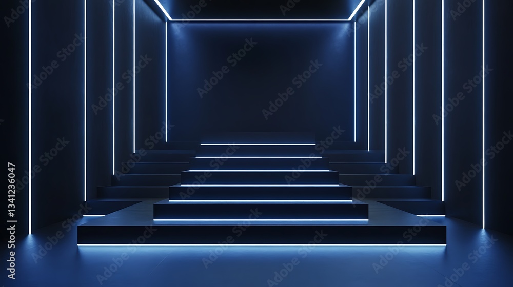 Fototapeta premium Abstract blue neon lit staircase in a dark room.