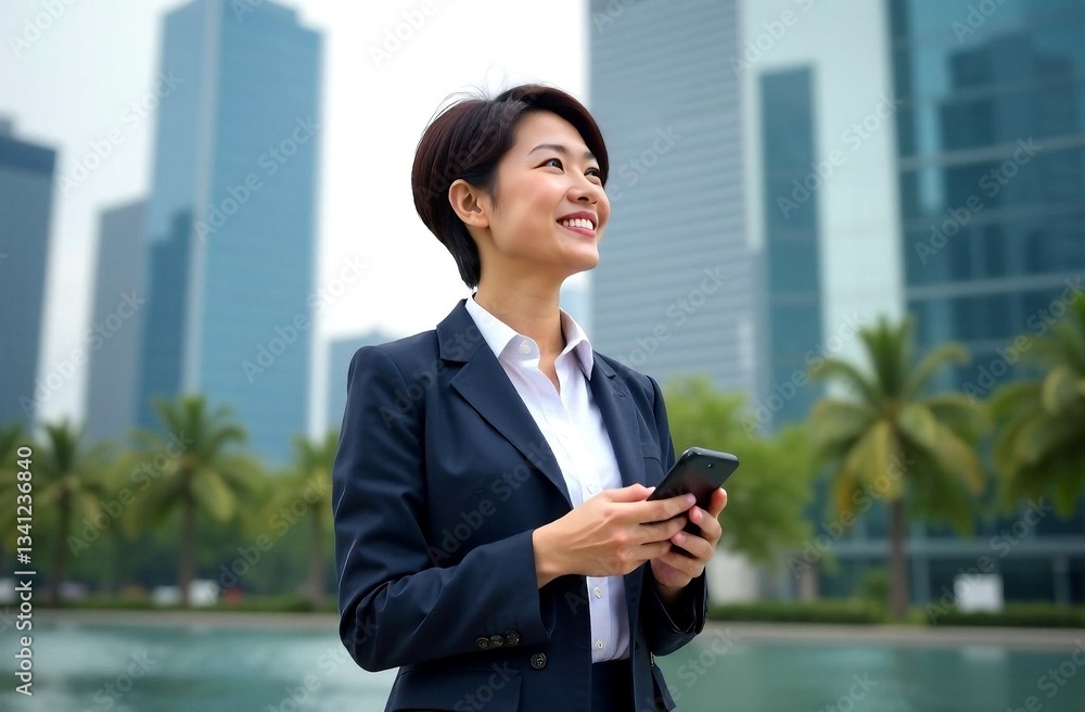 Pondering asian korean businesswoman with short hair looking away and smiling while holding smartphone in hand, standing at the lest side of image, urban office buildings background, place for text Pondering asian korean businesswoman with short hair looking away and smiling while holding smartphone in hand, standing at the lest side of image, urban office buildings background, place for text
