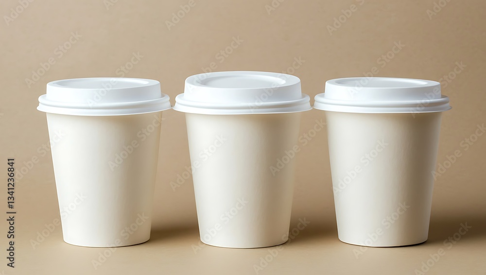 Three Blank White Coffee Cups Mockup on Beige Background for Branding Three Blank White Coffee Cups Mockup on Beige Background for Branding