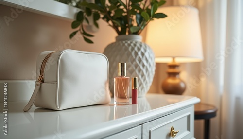 Cosmetic bag on vacation with beauty products on a white dresser