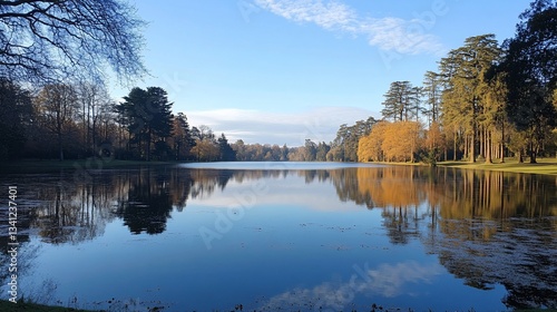 Serene Lake Reflection in Autumn Landscape at Virginia Water