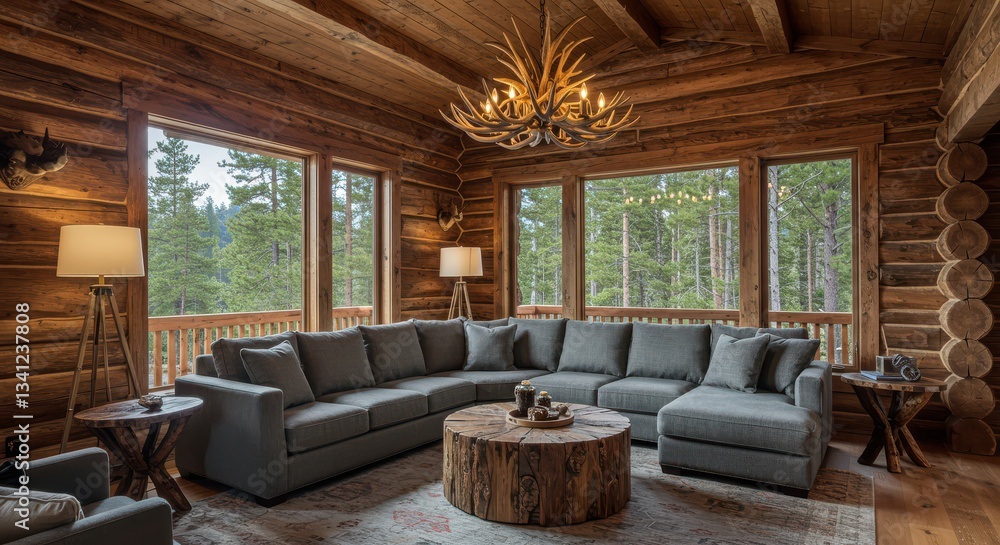 Comfortable Sectional Sofa in Rustic Log Cabin Living Room Setting Comfortable Sectional Sofa in Rustic Log Cabin Living Room Setting