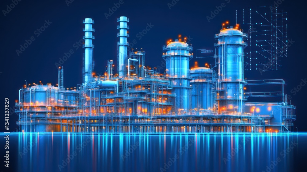 Obraz premium Futuristic Industrial Refinery: Digital Blueprint of a Modern Petrochemical Plant Reflecting on Calm Waters