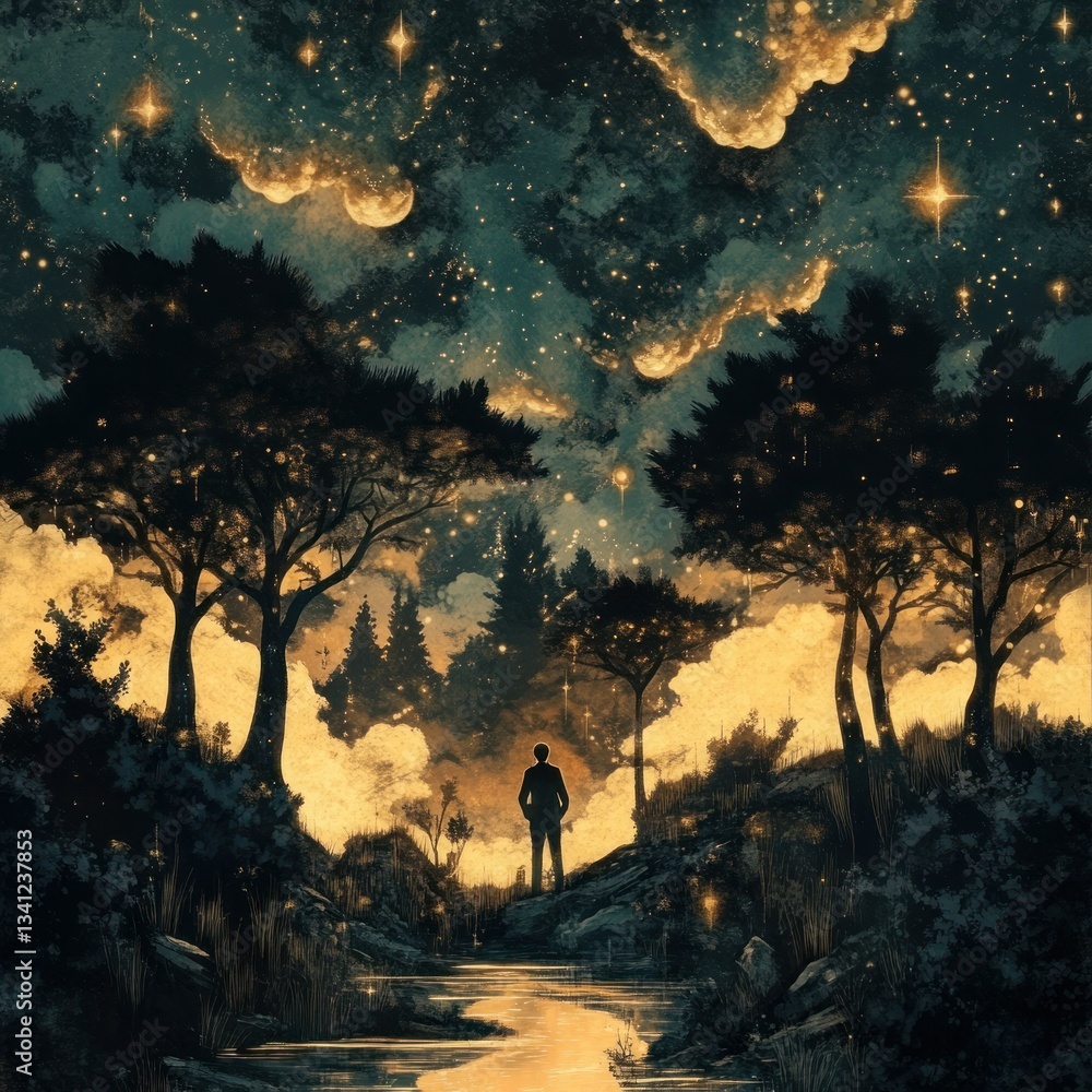 Obraz premium Silhouetted figure in mystical forest under starry night sky