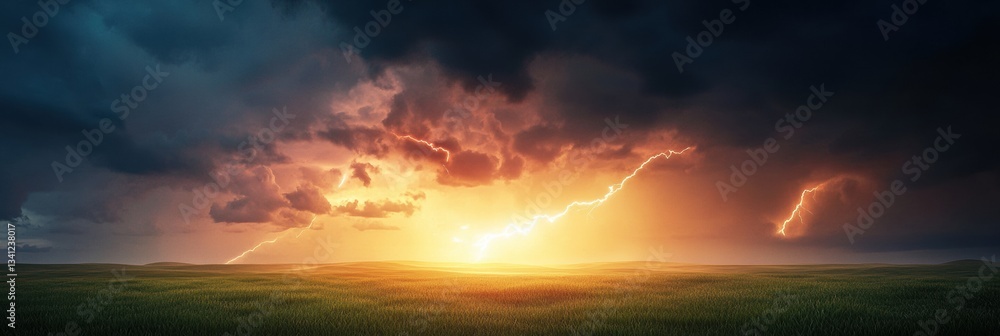 Obraz premium natural disasters, a vivid banner depicts a dramatic lightning storm over a wide open field