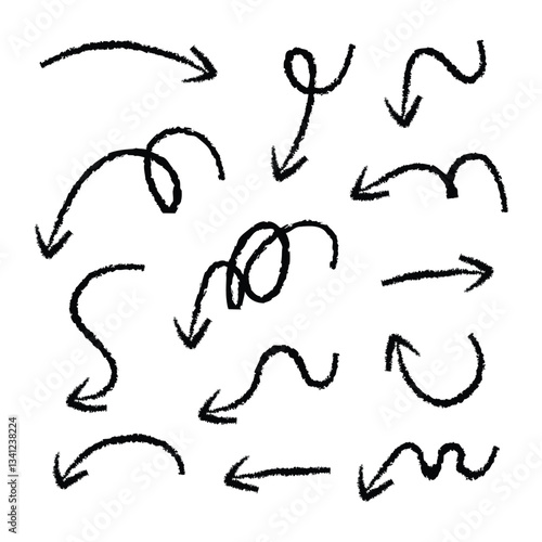Arrows with grunge lines. Hand drawn set of doodle arrow icons. Collection of hand free curved lines and pointers in eps 10.
