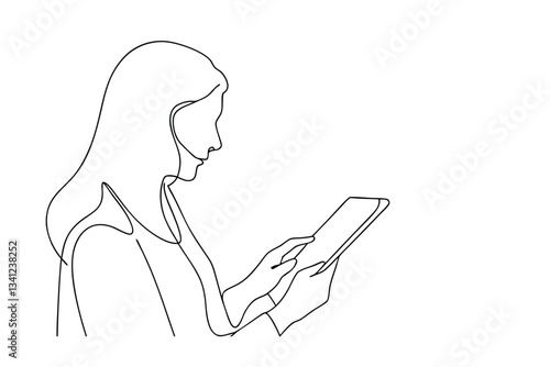 Woman using tablet, single line art, minimalist design, technology, digital, modern, female, profile