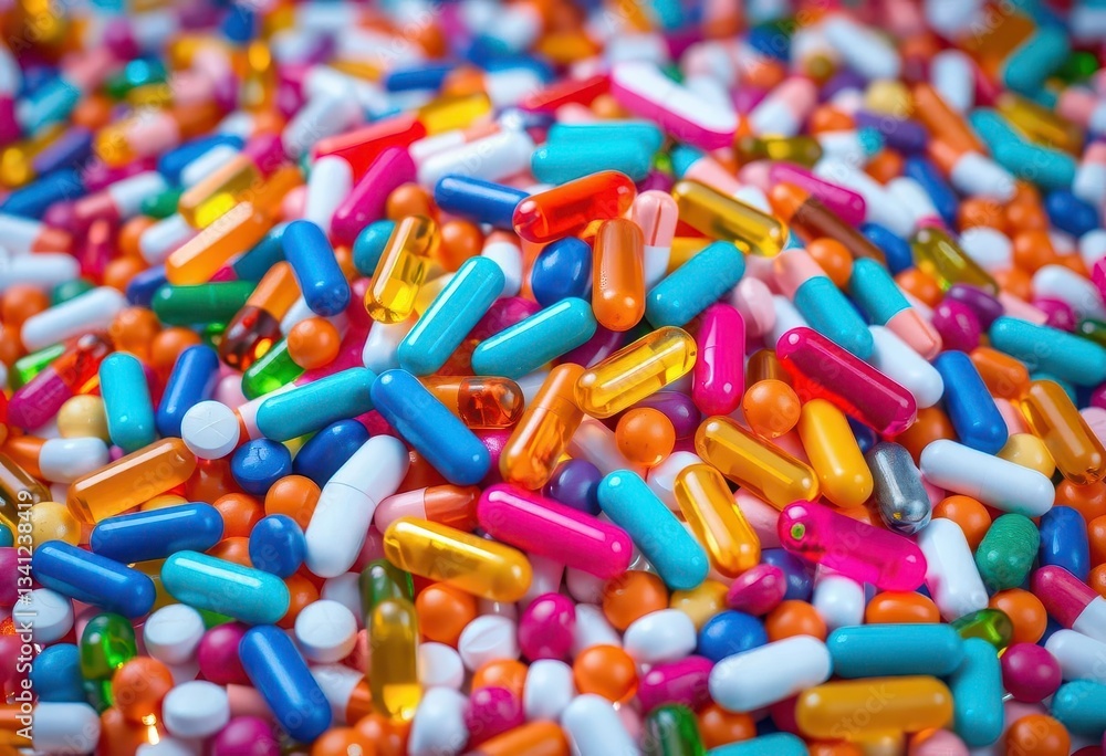 A vibrant heap of colorful pills & capsules, reflecting light, medication, healthcare industry A vibrant heap of colorful pills & capsules, reflecting light, medication, healthcare industry