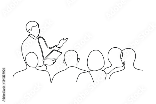Oneline drawing Presenter addressing attentive audience meeting seminar