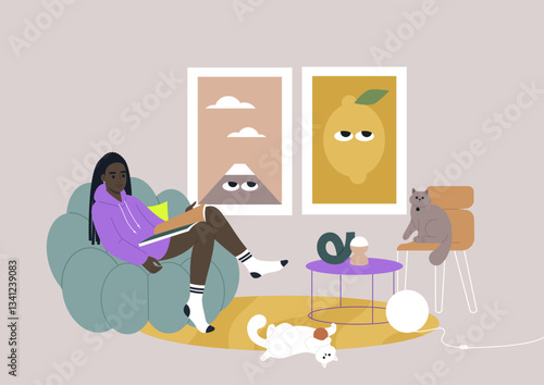 A character sitting comfortably in a modern dopamine design living space, absorbed in a magazine as two playful cats lay nearby, creating a serene and inviting atmosphere
