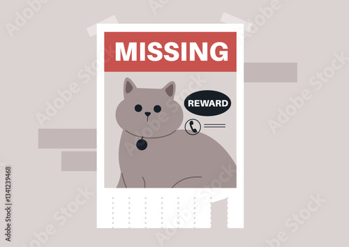 Heartfelt tear-off poster displayed throughout the neighborhood, urging locals to assist in locating a beloved missing animal, a flyer highlights the urgency and need for community support