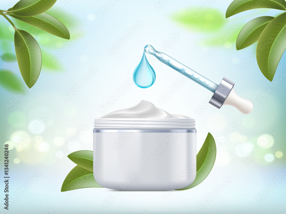 Fototapeta premium Skin care cream cosmetics packaging mockup with green leaves around. Vector illustration
