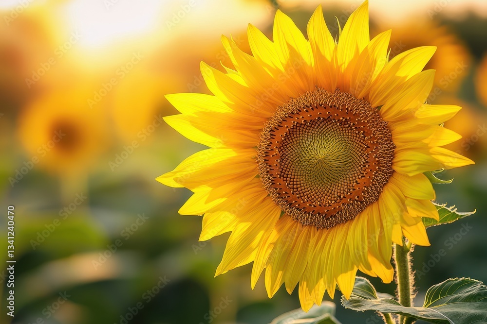 Fototapeta premium Single sunflower blossoming in a sunlit field during golden hour.