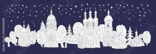 Vector fairy tale Christian monastery churches and houses on Easter night. Contour doodle sketch on a dark blue background