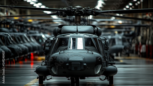 A row of Blackhawk helicopters is lined up inside a military hangar. The dim lighting creates a tactical atmosphere, highlighting the readiness of the aircraft for potential missions