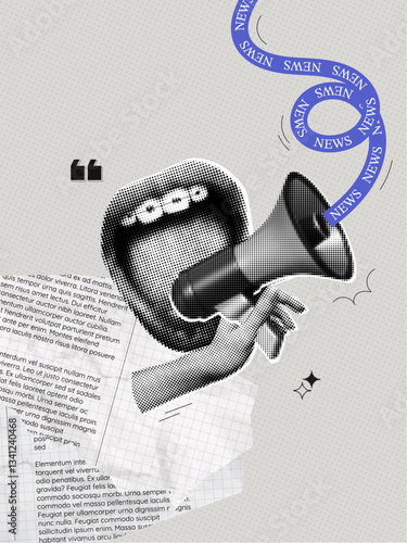 Trendy Halftone Collage Screaming mouth and megaphone. Social media news and propaganda. Banner with loudspeaker and female lips for sale and marketing. Contemporary art vector illustration