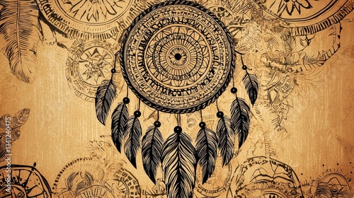 an abstract dreamcatcher design filled with black patterns.
