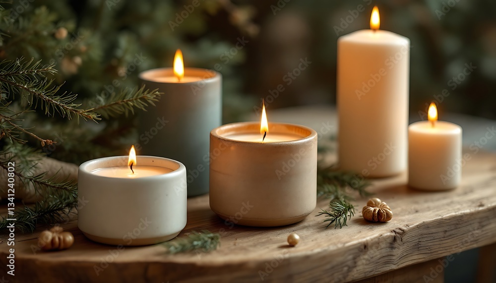 Burning Candles on Rustic Wood Table with Greenery for Holiday Decor Burning Candles on Rustic Wood Table with Greenery for Holiday Decor