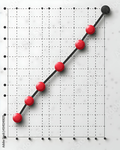 Ascending line graph with red spheres illustrating growth or progress on a grid background