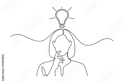 Woman, Idea, Inspiration, Creativity, Innovation, Lightbulb, Thinking, Concept, Minimalist, Line Art