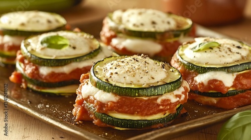 Italian parmigiana di zucchine baked zucchini layered tomato sauce and mozzarella served hot