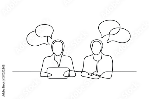 Oneline drawing of business meeting, discussion, communication, collaboration, teamwork, dialogue, c