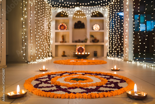 an elegant interior decorated with flowers and lights, with diyas and a rangoli. The scene evokes a sense of warmth and festivity