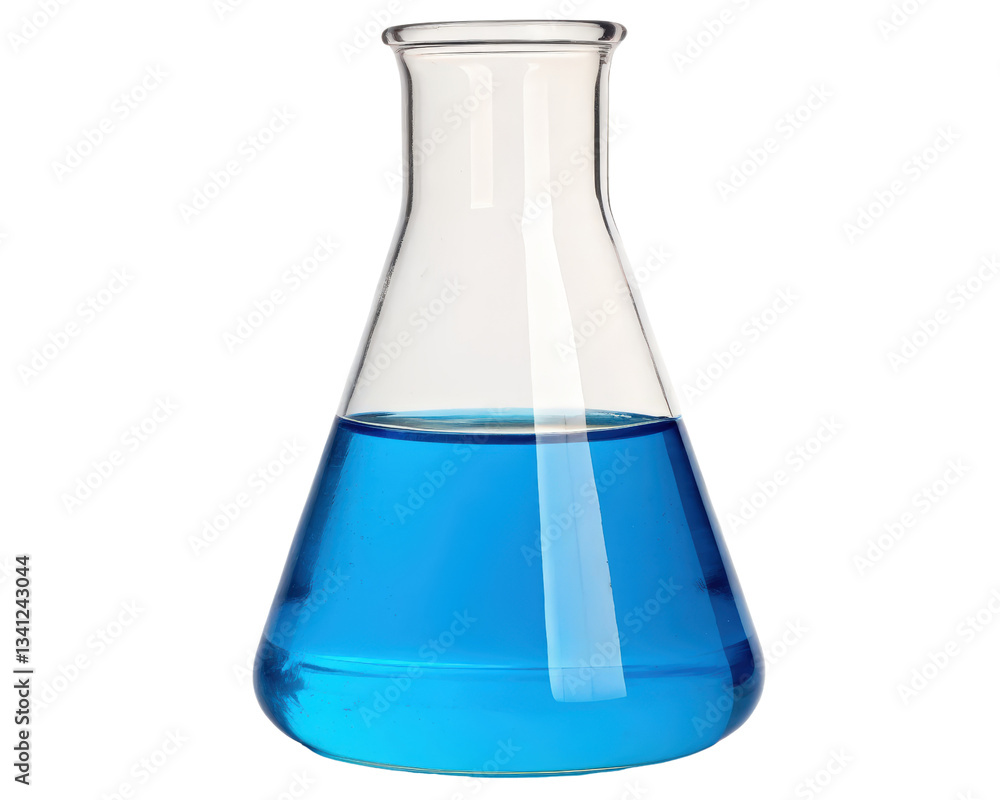 Laboratory flask filled with vibrant blue liquid solution on a transparent background Laboratory flask filled with vibrant blue liquid solution on a transparent background