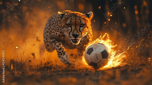 A fast cheetah chases a burning soccer ball on a field