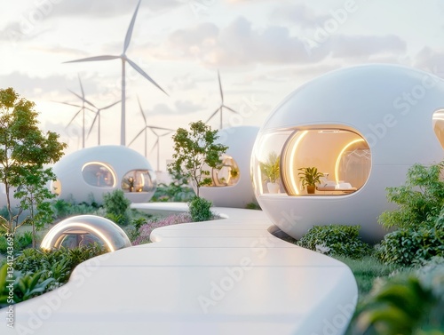 A futuristic landscape featuring rounded homes, surrounded by greenery and wind turbines, showcasing sustainable living in harmony with nature.