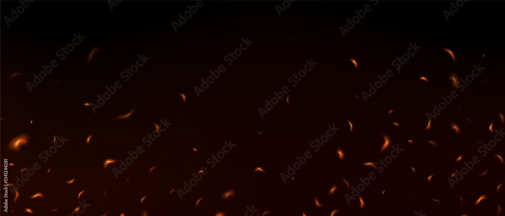 Fire Sparks fly as embers burn. Flames with sparks on a black background. Flame PNG. Fire spark overlay with smoke and flame. Grill heat glow. Flying orange sparkle. Hell bonfire.
