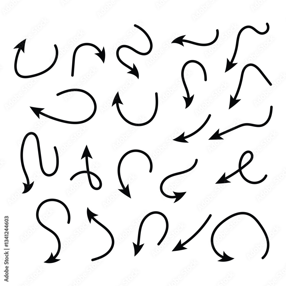 Set of black hand drawn arrow element vector. Collection of doodle arrows, lines, symbol, pointing mark, shapes on white background. Simple icon illustration for education, decoration, map in eps 10. Set of black hand drawn arrow element vector. Collection of doodle arrows, lines, symbol, pointing mark, shapes on white background. Simple icon illustration for education, decoration, map in eps 10.