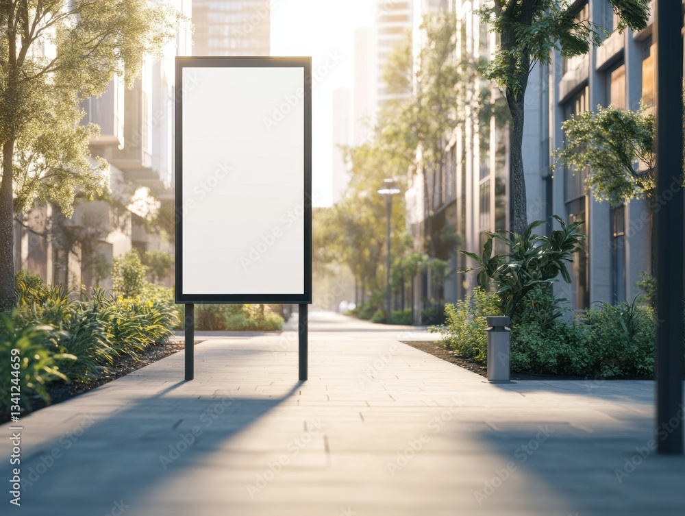 A large white sign is on the sidewalk. The sign is empty. The sidewalk is next to a street A large white sign is on the sidewalk. The sign is empty. The sidewalk is next to a street
