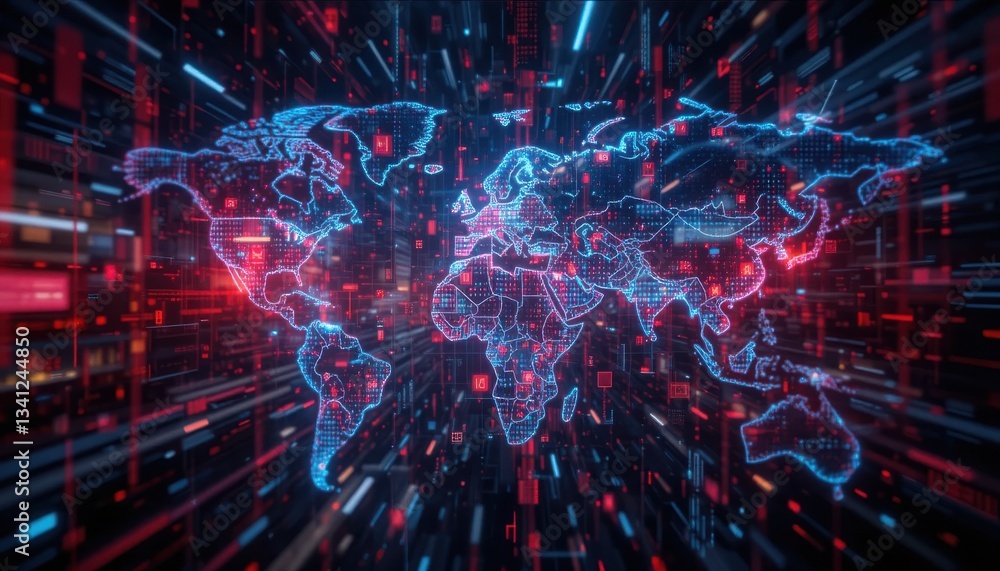 Data blocker concept. A digital map of the world displayed with vibrant lines and nodes, suggesting connectivity and technology. Data blocker concept. A digital map of the world displayed with vibrant lines and nodes, suggesting connectivity and technology.